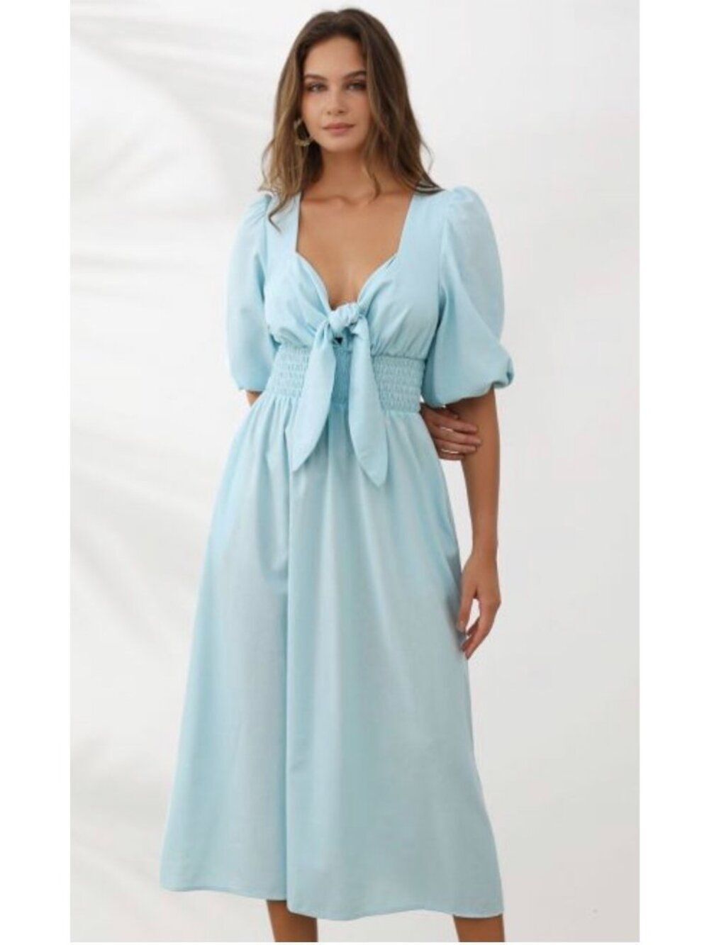 Commense Women’s Cotton Self-Tie Knot-Front Puff Sleeve Dress Size S